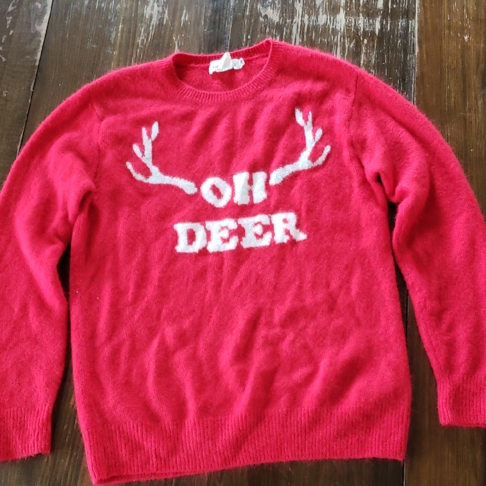 H&M Red Crewneck Sweater with White 'Oh Deer' Design